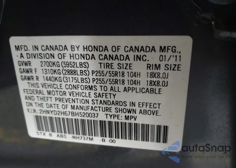 2011 Acura Mdx Technology Package from USA, damaged, VIN 2HNYD2H67BH520037